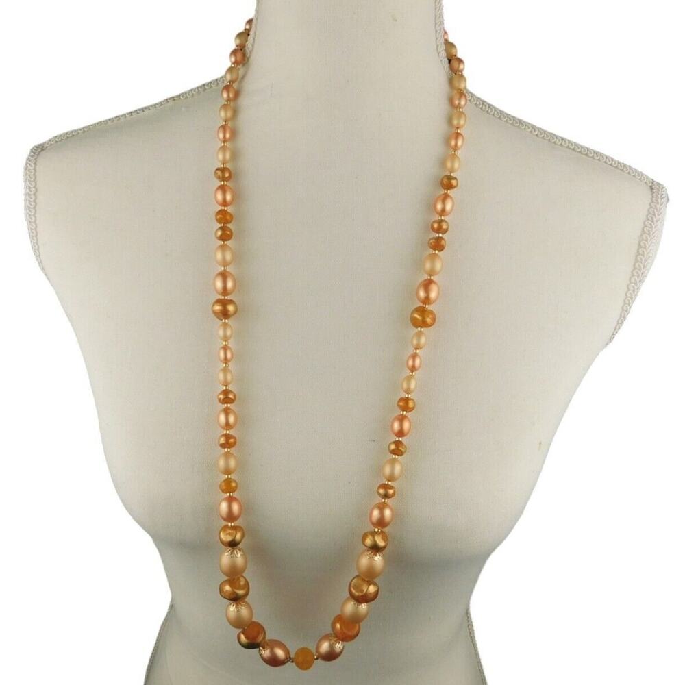 Vintage Necklace Peach Soft Orange Pastel Beaded Hong Kong Gold Tone 36" Long
